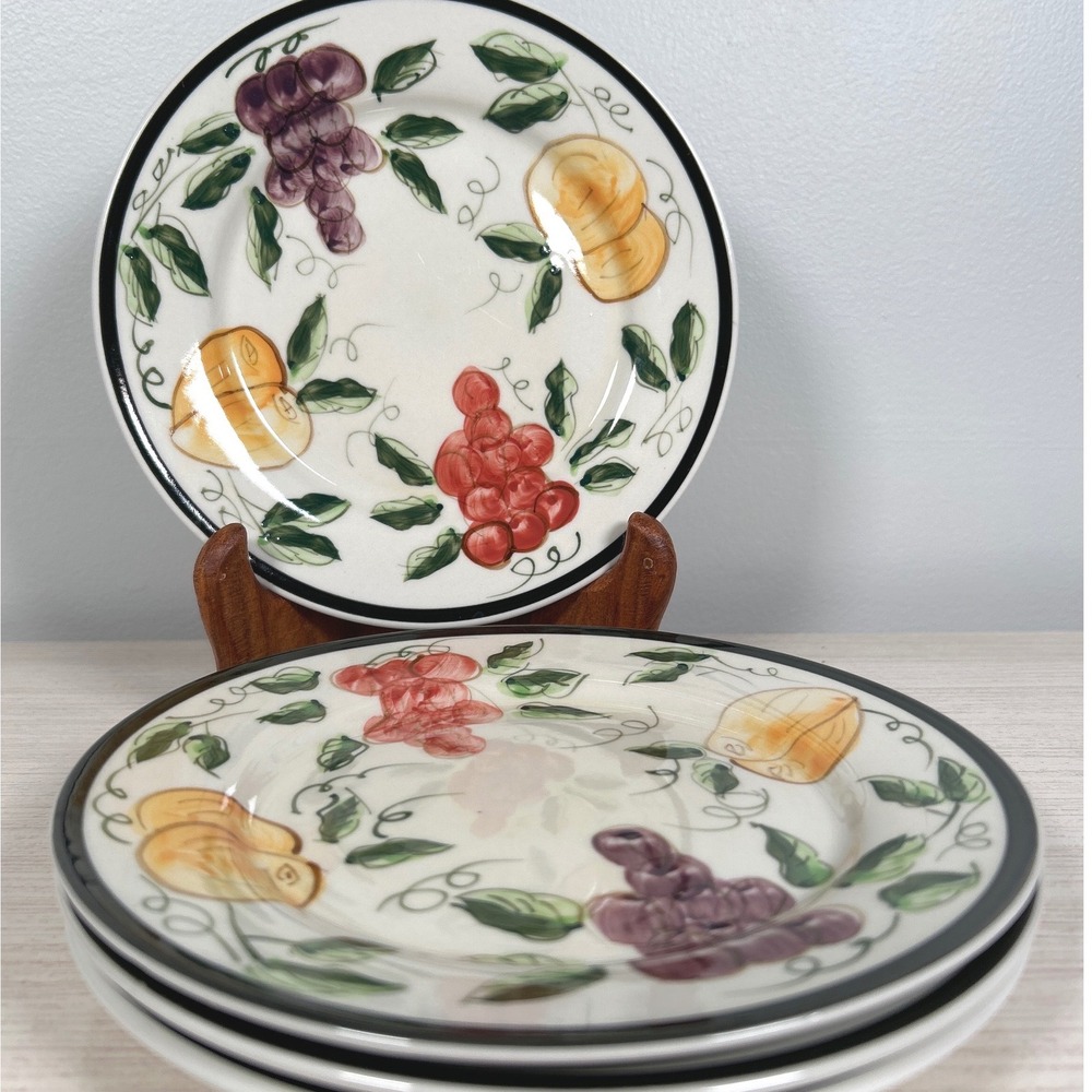 Farberware Trieste 7.5" Salad Dessert Plates Hand Painted Fruit Green Rim FOUR